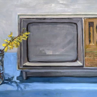 Forsythia and TV. 13.5x24. Oil on panel.