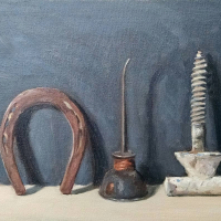 Shoe, oil can and screw. 9x12