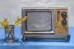 Forsythia and TV. 13.5x24. Oil on panel.